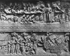 Borobudur Temple relief av Bodhisattva bad (sten)