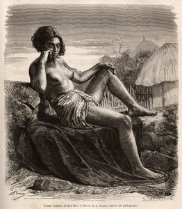 Infödd kvinna från Taio-Hae (eller Taio Hae), i markisernas skärgård, som nonchalant visar sina tatuerade ben, graverar efter en teckning av A.Rixens som illustrerar minnena från Stilla havet, 1872-1874, av A. Pailhes, ett skeppstecken, publicerat i ”Le t