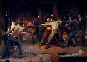 Arbetare smältverk som arbetar i en metallurgisk anläggning. Målning av Jean Rixens