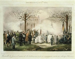 Begravningen av Louis-Alexandre Dechet (Jenneval) (1801-30) och hans följeslagare som dog på hedersfältet, 24 oktober 1830, graverad av Dewasme-Pletinckx av Jean Baptiste (after) Madou