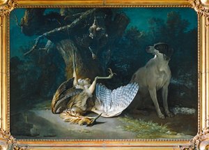 Rohrdommel und Rebhuhn bewacht von einem weißen Hund