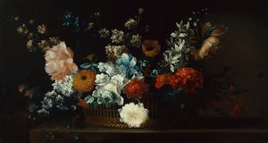 Pioner, krysantemum och andra blommor i en korg (olja på duk)