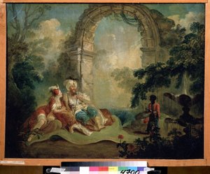Orientalism: "Turkisk pasha och odalisque liggande på en matta, de betjänas av en svart tjänare" (turkisk pasha och odalisque) Målning av Jean Baptiste Hilaire (1753-cirka 1822) Pouchkine Museum, Moskva av Jean Baptiste Hilaire