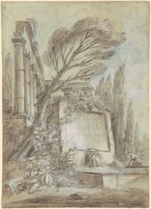 Arkitektonisk fantasi av romerska ruiner med en inskriptionsplatta, ca 1768 (brunt bläck på papper)
