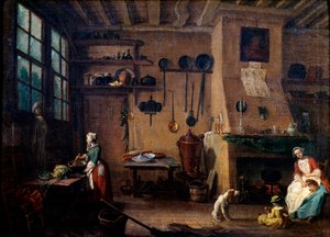 Köksinredning på 1700-talet. En kock lagar en måltid. I bakgrunden ser vi köksredskapen som hänger längs väggen. Målning av Jean Baptiste Lallemand (1710-1803) 1700-talets Dijon, Museum of Fine Arts