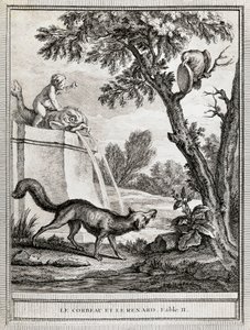Kråkan och räven, illustration av Jean-Baptiste Oudry (1686-1755) till fabel av Jean de La Fontaine (1621-1695) av Jean Baptiste Oudry