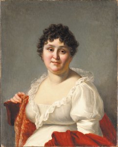Porträtt av Madame Regnault, bystlång, i vit klänning och persimmonsjal (olja på duk) av Jean Baptiste Regnault