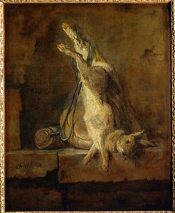 Lapin de Garenne mort avec une gibeciere et une poire a poudre - död hare med viltväska och pulverflaska ...