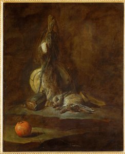 Två döda harar med viltväska, krutflaska och apelsin (målning på duk) av Jean-Baptiste Simeon Chardin