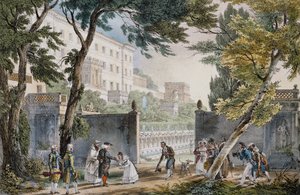 Galant scen vid ingången till villa i Rom, ca 1820, gravyr av Jean-Baptiste Thomas (1791.1833) av Jean Baptiste Thomas
