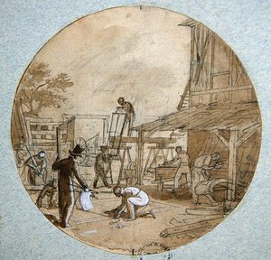 Snickarens verkstad, platta för en servering med olika yrken, ca 1820-35 (penna, bläck, tvätt och gouache på papper)