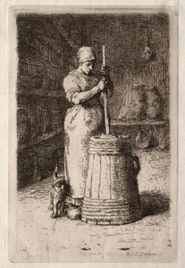 Eine Frau beim Buttern (Radierung) von Jean-Francois Millet