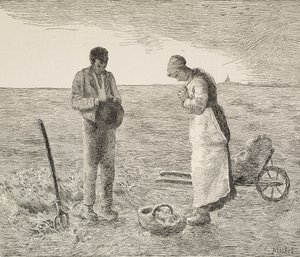 Angelus, ett par bönder i fält, gravyr från målning av Jean-Francois Millet (1814-1875), fransk målare, från L