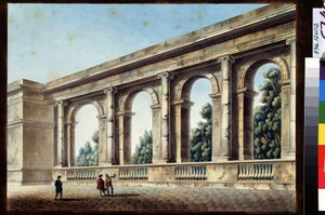 Utsikt över ett välvt galleri. Målning av Jean Francois Thomas de Thomon (1754-1813). Akvarell och tusch på papper, 38,4 x 52,8 cm