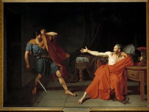 Marius fånge i Minturnes Romerske generalen Caius Marius (till höger), i krig med Sylla, tas till fånga efter sin flykt 89 f.Kr. Han trycker tillbaka en soldat av kronan som kom för att avrätta honom i hans cell. Illustration för "" La vie de Marius""" av  av Jean Germain Drouais