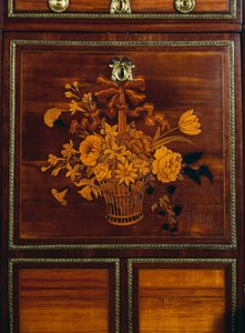 Korg med blommor, detalj från inlägget på Ludvig XVI stil satinwood och amaranth skrivbord, signerad Jean-Henri Riesener (1734-1806), Frankrike av Jean-Henri Riesener
