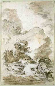 Angelica når stranden där eremiten ligger i väntan (krita, penna, bläck och tvätt på papper) av Jean Honore Fragonard