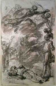 Orlando återvänder Bireno till Olympia (krita och tvätt på papper) av Jean Honore Fragonard
