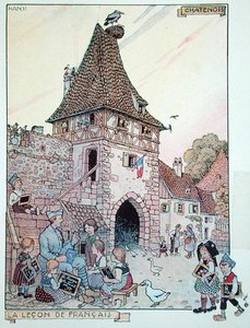 En fransk soldat som undervisar franska för barn från Alsace som har blivit franska medborgare igen, illustration från 