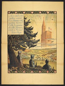 En affisch som visar tre franska soldater som tittar på en allegorisk kyrka i fjärran, i molnen präglade av ljus. En liten vers av Victor Hugo i övre vänstra hörnet (affisch) av Jean Jacques Waltz
