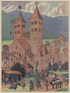 Byggandet av Murbach Abbey, nära Guebwiller, Alsace (färg litho)