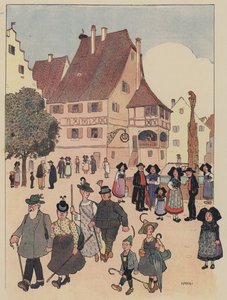 Tyska turister i en by i Alsace (färg litho)