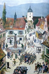 Tyskarna ockuperar Alsace (färg litho)
