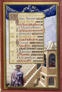Januari: Hus på vintern (Vattumannen) - faksimil av Anne av Bretagnes timmar, av Jean Bourdichon av Jean (after) Bourdichon