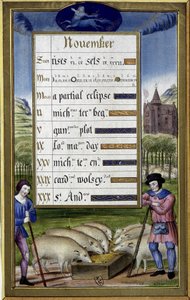 November och skyttens tecken: grisuppfödning - faksimil av Anne de Bretagnes timmar, av Jean Bourdichon