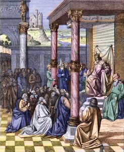 Kyros II den store (580 f.Kr. - 530 f.Kr.), kung av Persien, befriade judeerna som förvisades till Babylon 539 f.Kr. Gravyr efter en miniatyr av Jean (Jehan) Fouquet (ca 1420 -1477/1481). Gravyr av Chevignard
