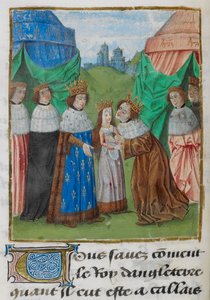 Kung Richard II av England tar emot sin brud, Isabella, från sin far, kung Karl VI av Frankrike, illustration från 