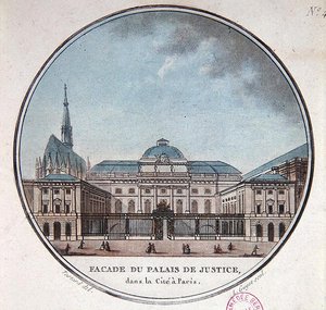 Fasad av Palais de Justice, ca 1785 (färg litho) av Jean (after) Testard