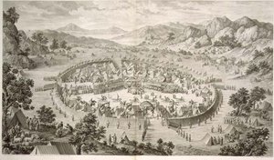 Tchao-Hoei ockuperar sina trupper med övningar och militära spel 1758, plåt 5 från en serie tryck som representerar erövringarna av Qianlong, kejsaren av Kina, graverad av Pierre Philippe Choffard (1730-1809) 1772 (gravyr) av Jean (d.1781) (after) Damascene
