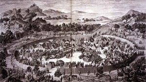 Tchao-Hoei i sitt läger nedanför Yerechims murar tar emot hyllningen av invånarna i staden och provinsen i juli 1759, plåt 4 från serien av tryck som representerar erövringarna av Qianlong, Kinas kejsare, graverad av Pierre Philippe Cho av Jean (d.1781) (after) Damascene