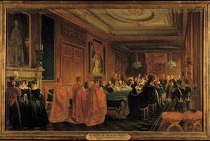 Drottning Victoria (1819-1901) tar emot kung Louis-Philippe 1:a (1773-1850) som riddare i orden av Jarretiere, vid Windsor Castle av Jean Alaux