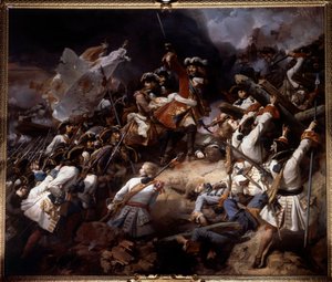 Slaget vid Denain den 24 juli 1712 Det vanns av Marechal de Villars över prins Eugen av Savojen. Målning av Jean Alaux dit le Romain (1786-1864) 1839 sön. 4,65 x 5,43 m