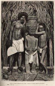 En invånare på ön Hiva-Oa (Hiva Oa) och hans son, som omger en snidad träidol föreställande guden Tiki, i skärgården på Marquesasöarna, graverad efter en teckning av A.Rixens som illustrerar minnena från Stilla havet, i 1872-1874, av