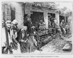 Bazaar i Bahrain, Tchad. Gravyr av A.Rixens för att illustrera berättelsen A Suse, journal des excavilles