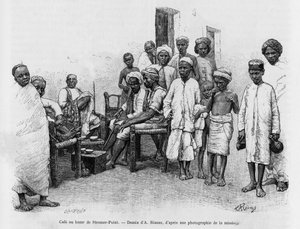 Café på Steamer Point Bazaar, Aden, Jemen. Gravyr av A.Rixens för att illustrera berättelsen A Suse, journal des excavilles