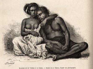 Den unge kungen av Vaitatu, på ön Tauata, i Marquisesöarnas skärgård, omger sig i sin hustrus armar, graverad efter en teckning av A.Rixens som illustrerar minnena från Stilla havet, 1872-1874, av A.Pailhes, ett fartygs