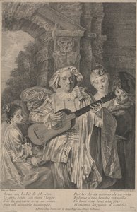 I Mezetins kostym, tryck gjord av Henri Simon Thomassin ca 1717-1726 (etsning) av Jean Antoine (after) Watteau