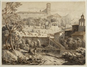 En konstnär som skissar längs en flodstrand, nedanför en italiensk stad, ca 1780 (bläck & tvätt på papper, spår av svart krita) av Jean Antoine Constantin
