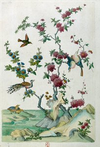 Ritning från en kinesisk vas: fåglar och blommor. Målning av Jean Antoine Fraisse (1700-talet)