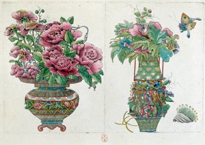 Ritning från en kinesisk vas: blomkruka. Målning av Jean Antoine Fraisse (1700-talet)