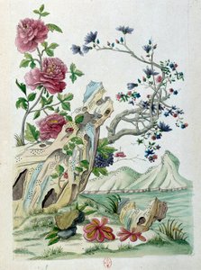 Teckning från en kinesisk vas: blommor i ett landskap. Målning av Jean Antoine Fraisse (1700-talet)