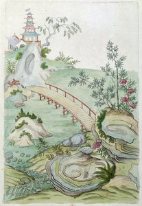 Ritning från en kinesisk vas: landskap med bro. Målning av Jean Antoine Fraisse (1700-talet)
