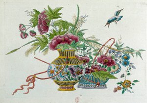 Blommor i en vas. Teckningen kommer från en kinesisk vas. Målning av Jean Antoine Fraisse (1700-talet)