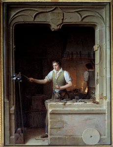 En låssmed försöker bita sin fil till en nötskrika Illustration till Jean de La Fontaines fabler. Målning av Jean Antoine Laurent (1763-1832) 1829 sön. 0,86x0,65 m - En låssmed som vill få en nötskrika att bita sin metallfil. Illustration till Jean de La F