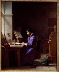 Johannes Gensfleisch Gutenberg (1400-1468) uppfinner tryckpressen Den tyska tryckaren är en representant som hanterar karaktärer på sitt kontor. Målning av Jean Antoine Laurent (1763-1832) 1830 Grenoble, Musee des Beaux Arts
