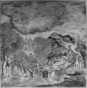 Människor som filar förbi Marats lik nära grottan i Les Cordeliers, 1793 (penna och wc på papper)